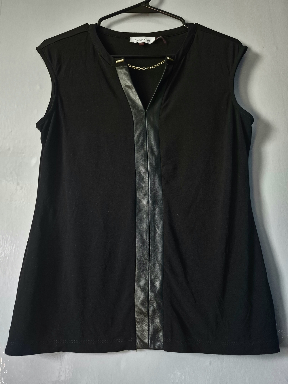 Calvin Klein Black Sleeveless Top with Faux-Leather Center Trim